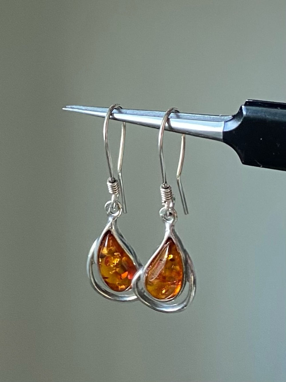 Sterlingr Silver 925 (Marked) Honey Amber Teardrop Dangle Earrings